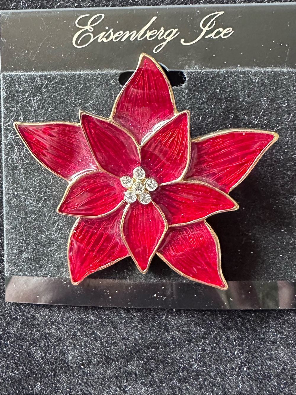 593- Vtge. Eisenberg Ice Poinsettia Brooch brand new on card Red Poinsettia
